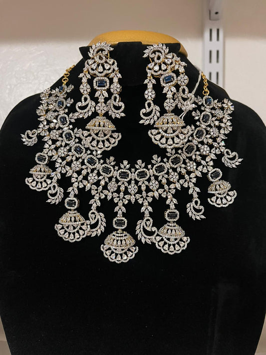 Attractive Blue Color Stone Design Gold Plated Necklace With Earrings Sets