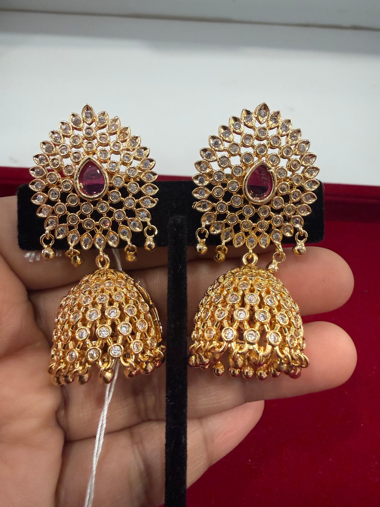 Beautiful Gold Plated Pink and White Stones Jhumkas