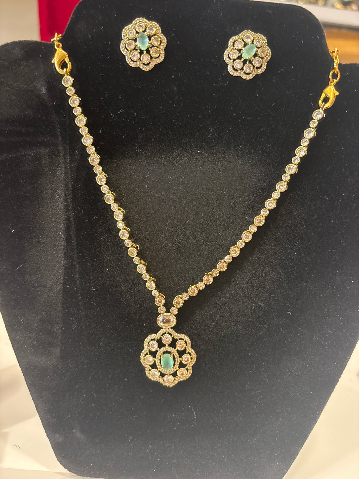 Stunning White And Teal Green Stones Gold plated Necklace With Earrings Set