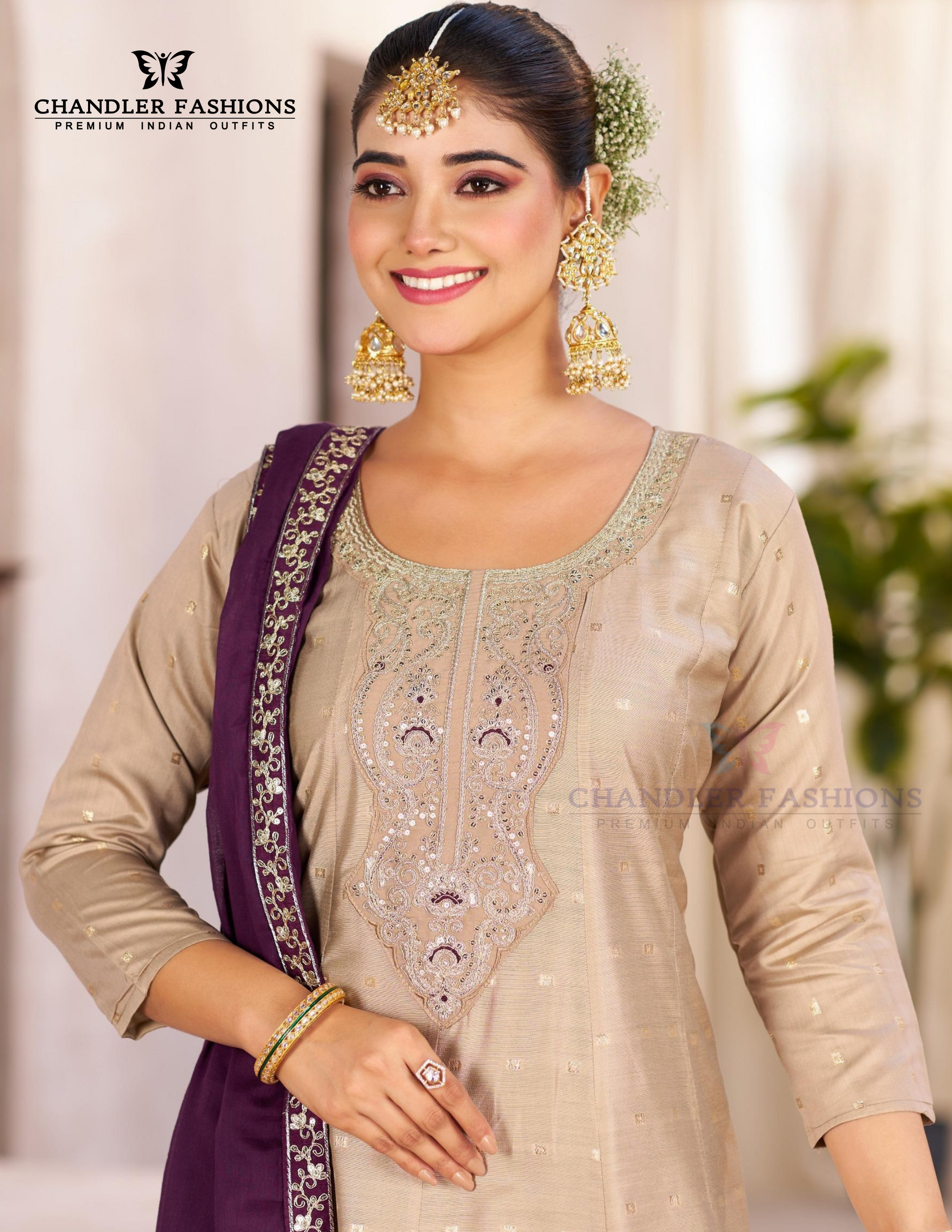 Attractive Beige Color Chanderi Silk Salwar Suits With Embroidery Work For Women Near Me