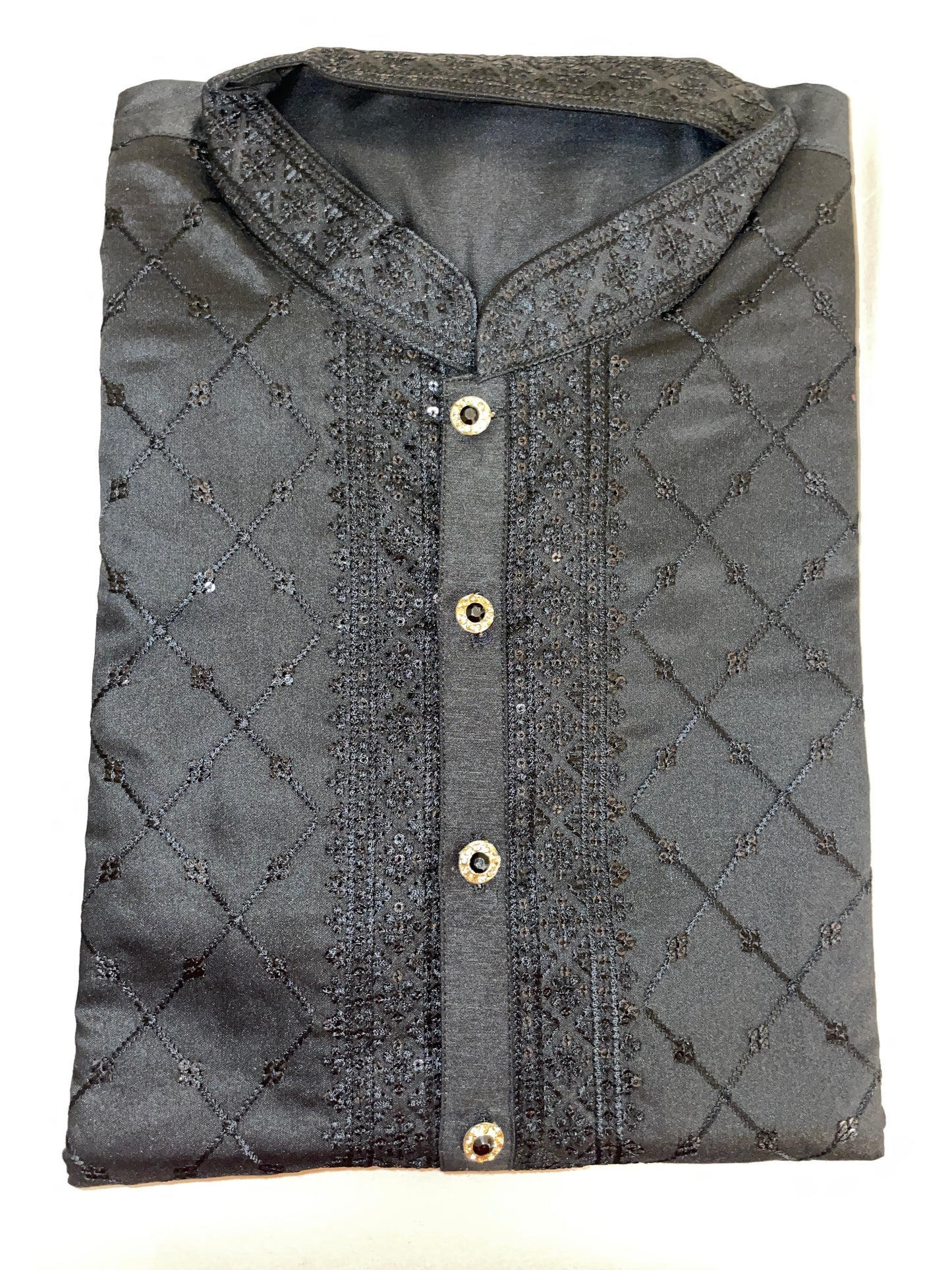 Classic Black Silk Kurta with Intricate Embroidery for Men.