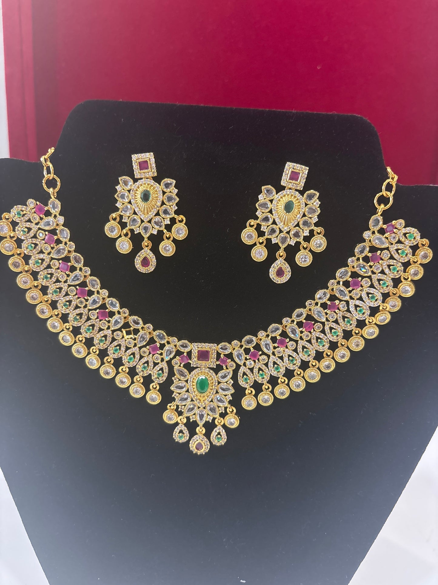 Beautiful Green ,Red and White Stone Gold Plated Necklace With Earrings For Women