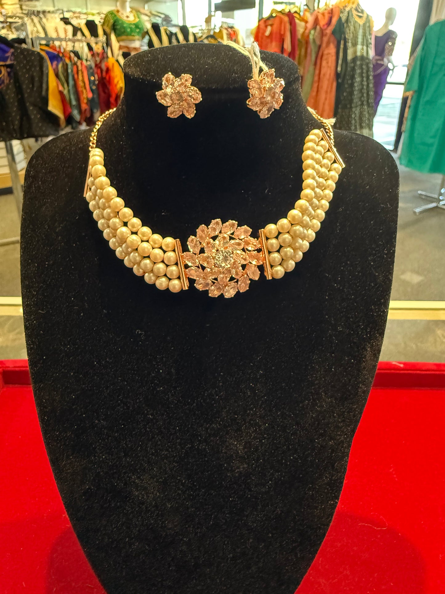 Elegant Light Pink & White Stone Pearl Necklace Set with Ear Studs
