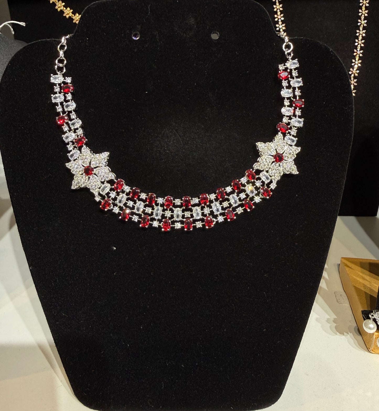 Stunning Red & White Stones American Diamond Necklace For Women
