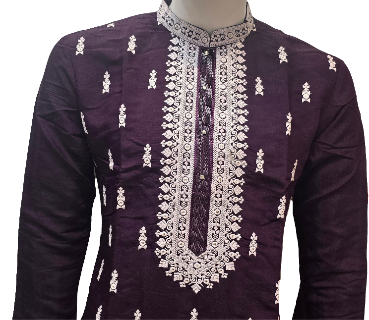 Wonderful Wine Color With Embroidery Work Kurta Suits For Men