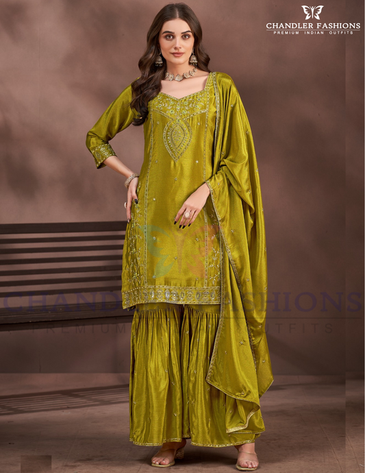 Gorgeous Mehendi Green Color Chinon Sharara Suit With Heavy Embroidery Work For Women