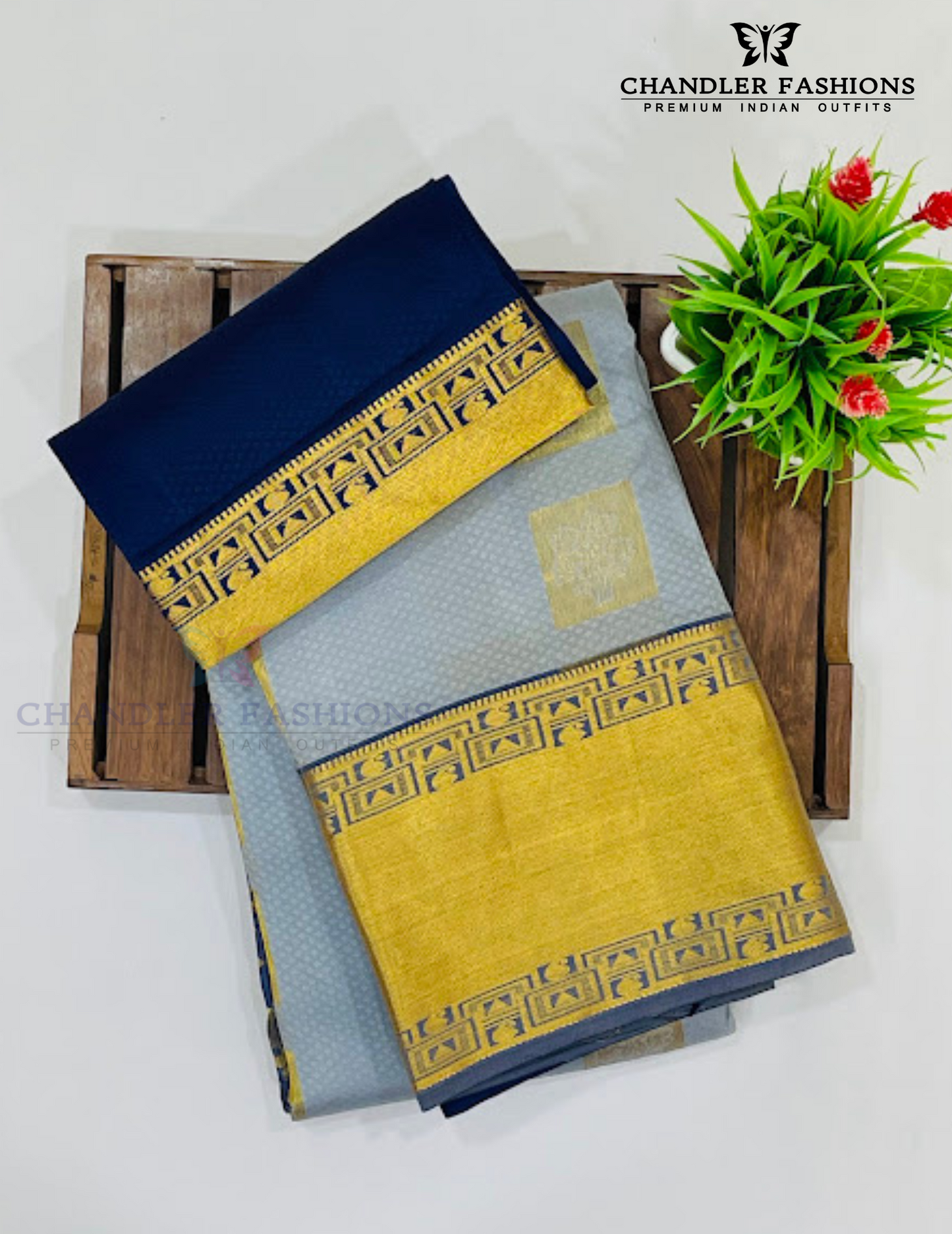 Gray Color Pure Kanchi Silk With Gold Zari Work And Blue Pallu Saree Near Me