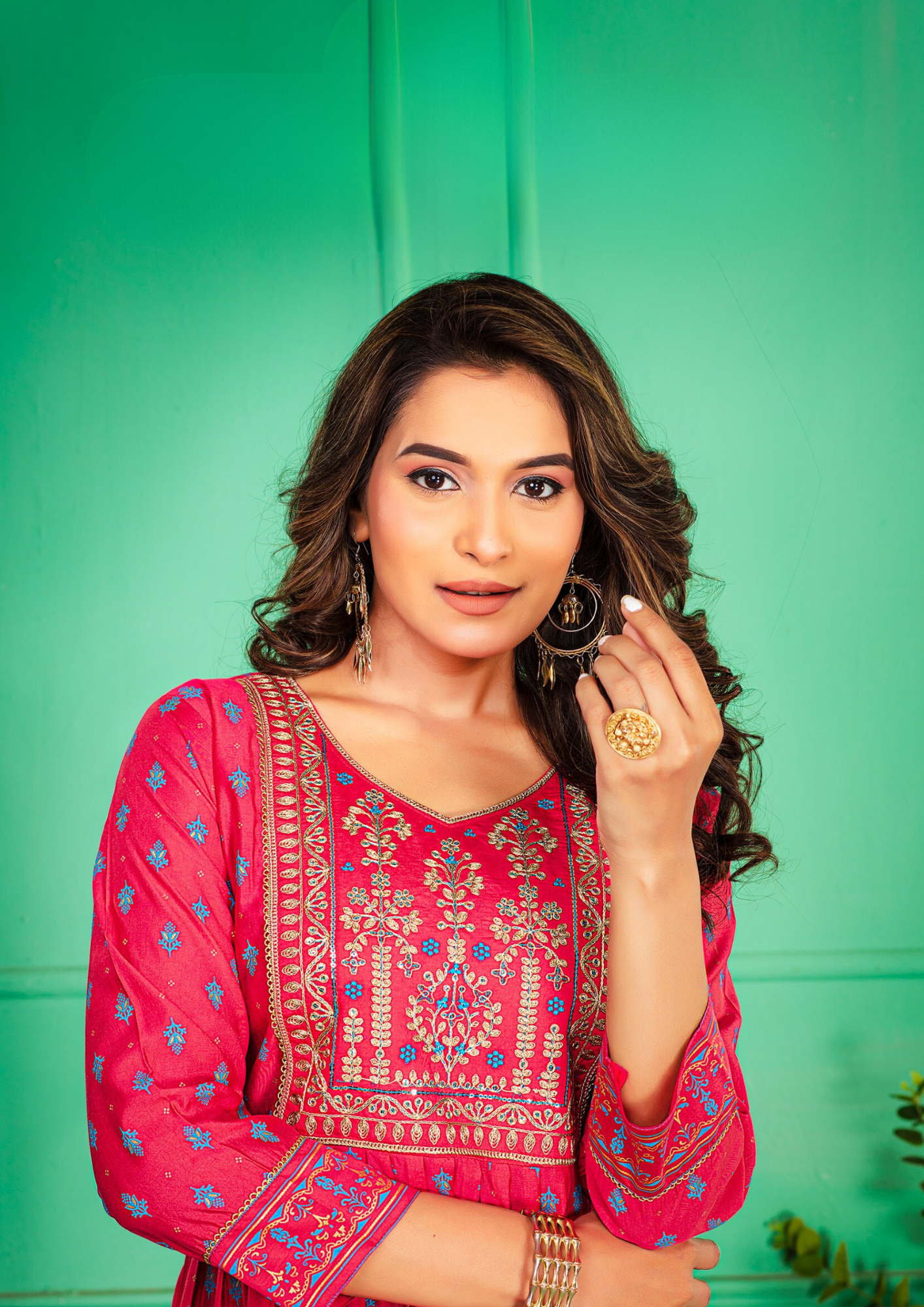 Alluring Rani Pink Color Screen Print Flared Long Kurti With Computer Embroidery Yock With Lace Kurti For Women