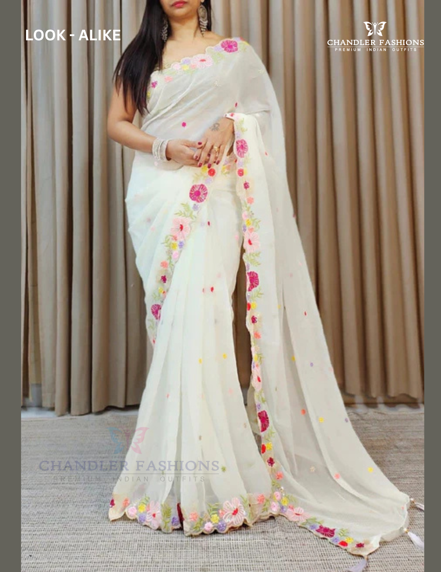 Elegant White Colored Faux Georgette With Designer Embroidery work Saree For Women