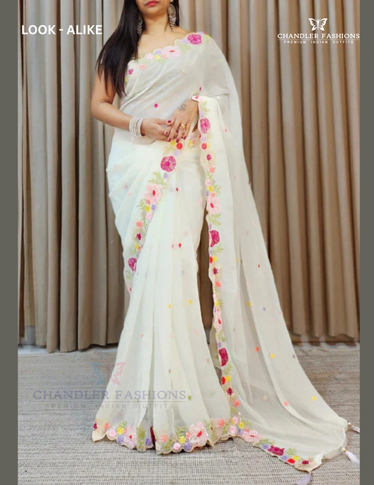 Elegant White Colored Faux Georgette With Designer Embroidery work Saree For Women