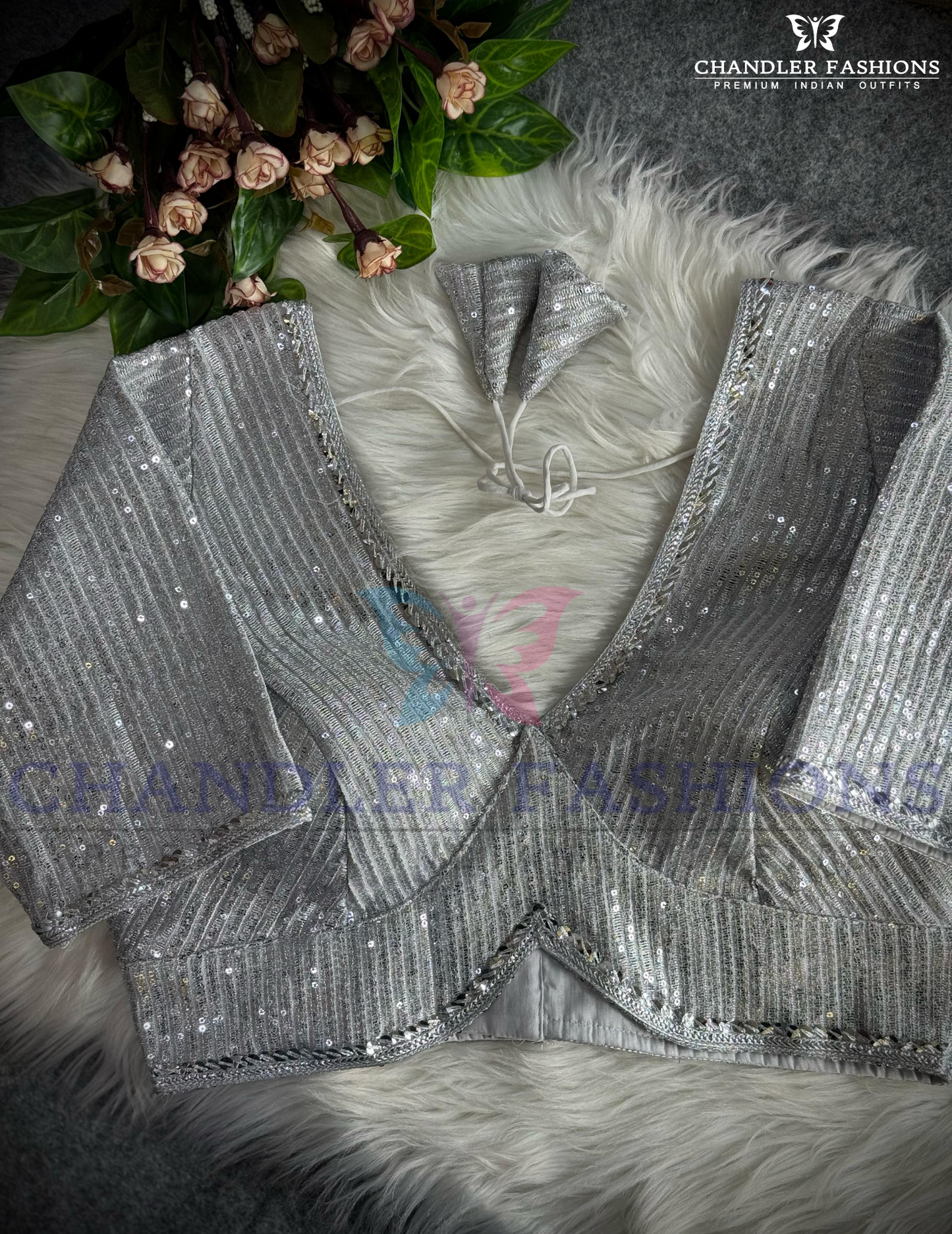 Alluring Silver Color Faux Georgette Sequins Work Blouse For Women