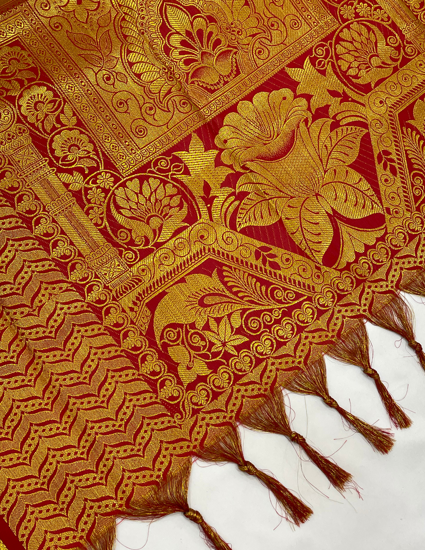 Attractive Red Color Silk Shawl With Golden Flower Zari Work In Surprise