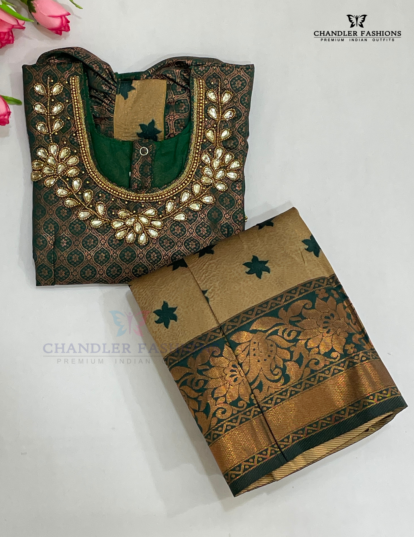 Green And Yellow Color Silk Langa Set With Stone Work Near Me