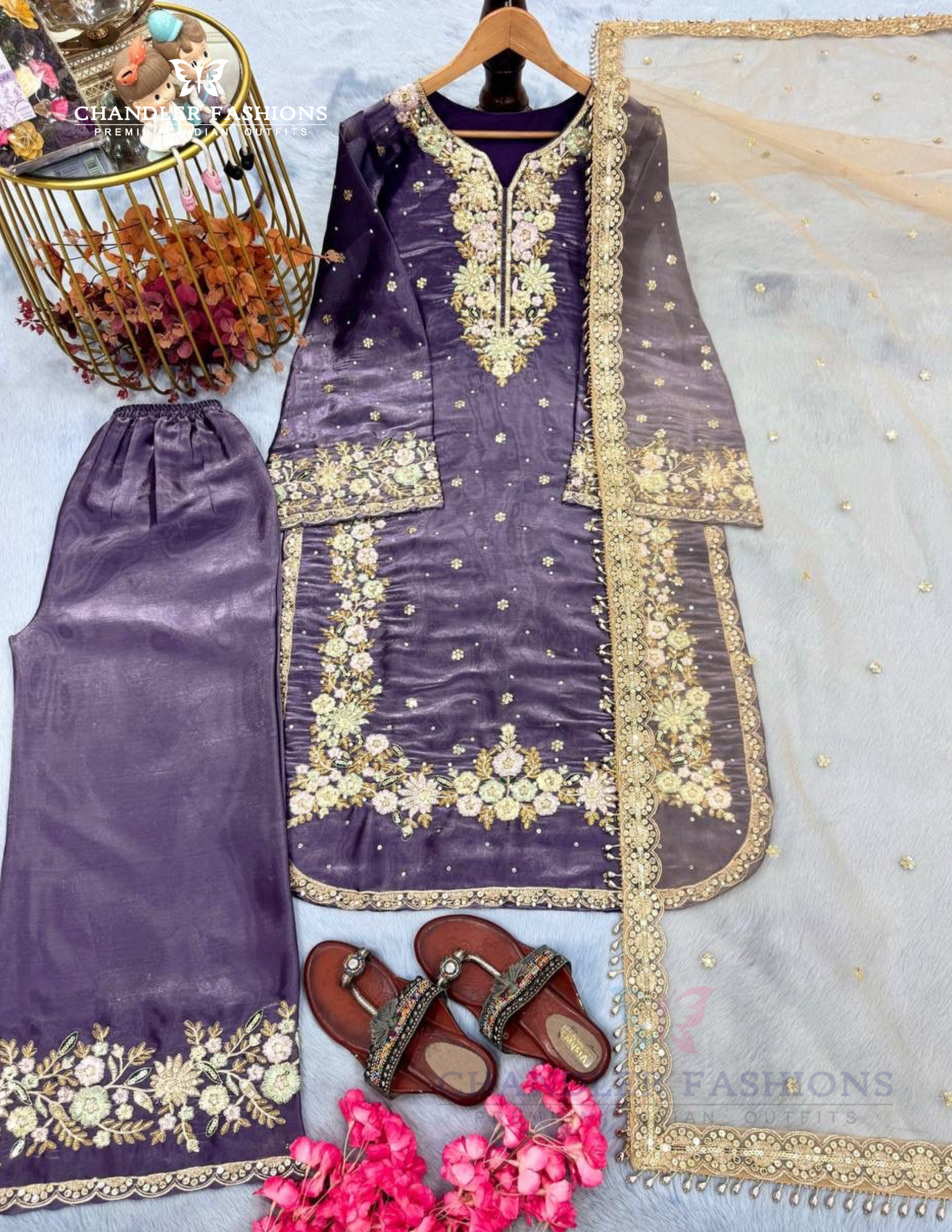 Amazing Purple Color Palazzo Suits With Embroidery And Sequins Work For Women