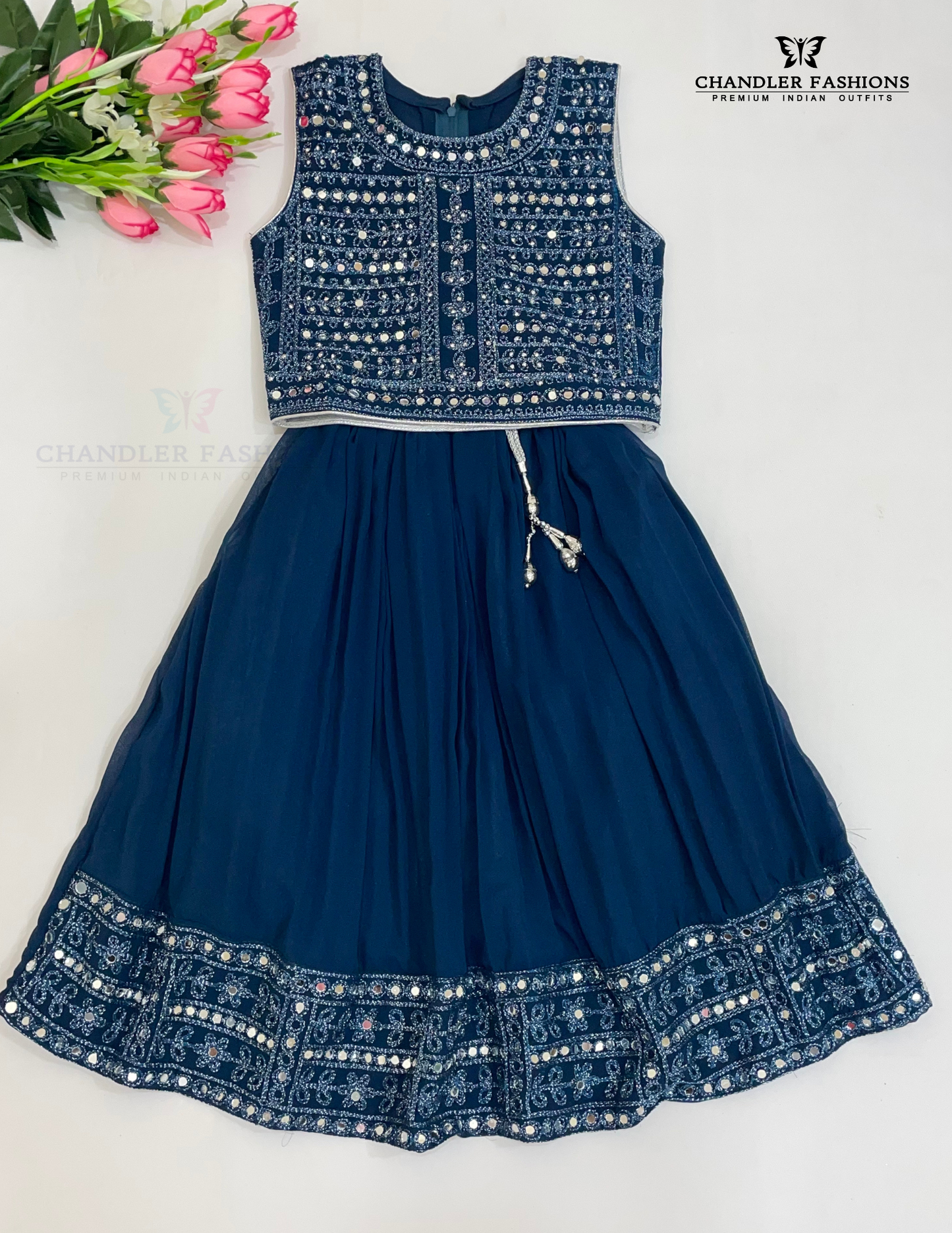 Alluring Teal Blue Color Georgette With Embroidery And Mirror Work Girls Choli Sets