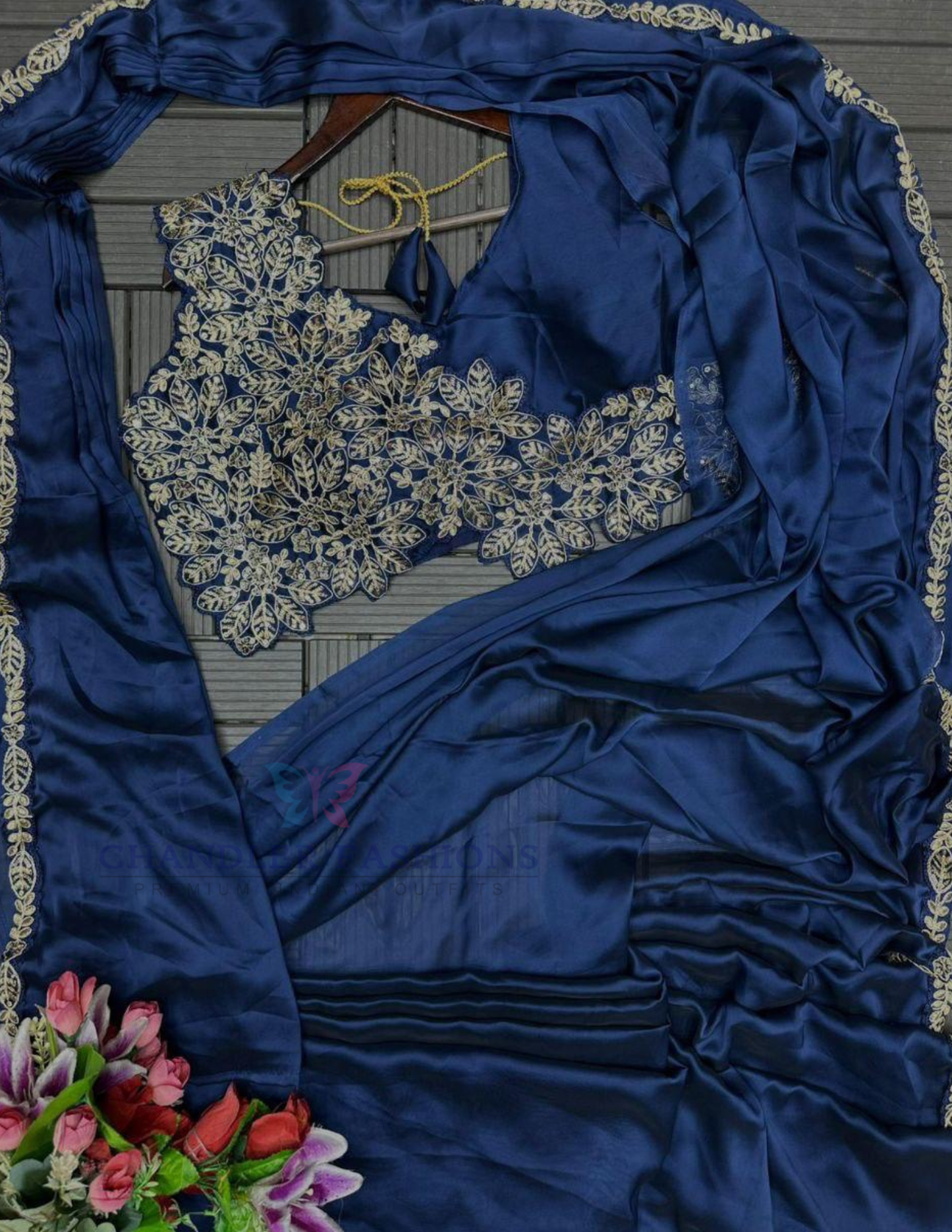 Navy Blue Color Heavy Rangoli With Embroidery Work Ready To Wear Saree In Mesa