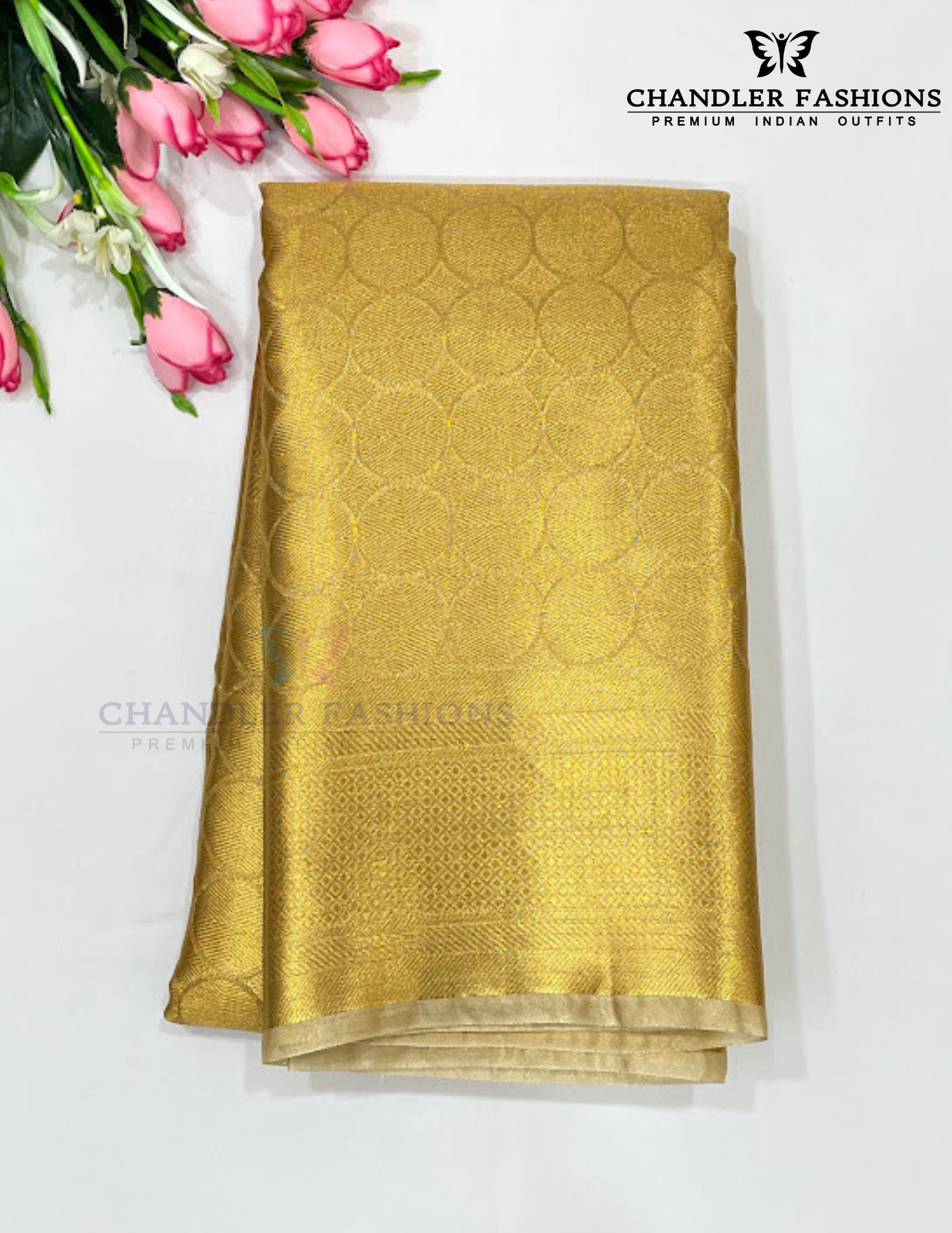 Graceful Gold Color Tissue Silk Saree With Zari Work For Women