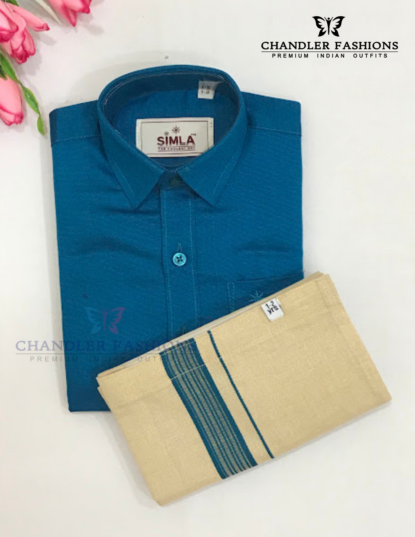 Charming Blue Color Cotton Shirt With Tissue Zari Work Dhoti Set For Kids Near Me