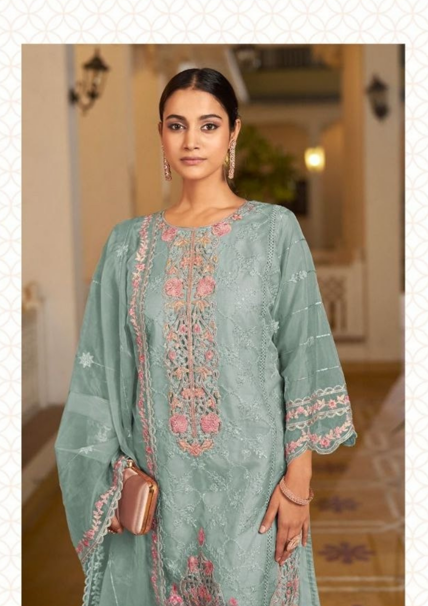 Elegant Blue Color Heavy Organza with Heavy Embroidery Hand Cut Work Suit Near Me