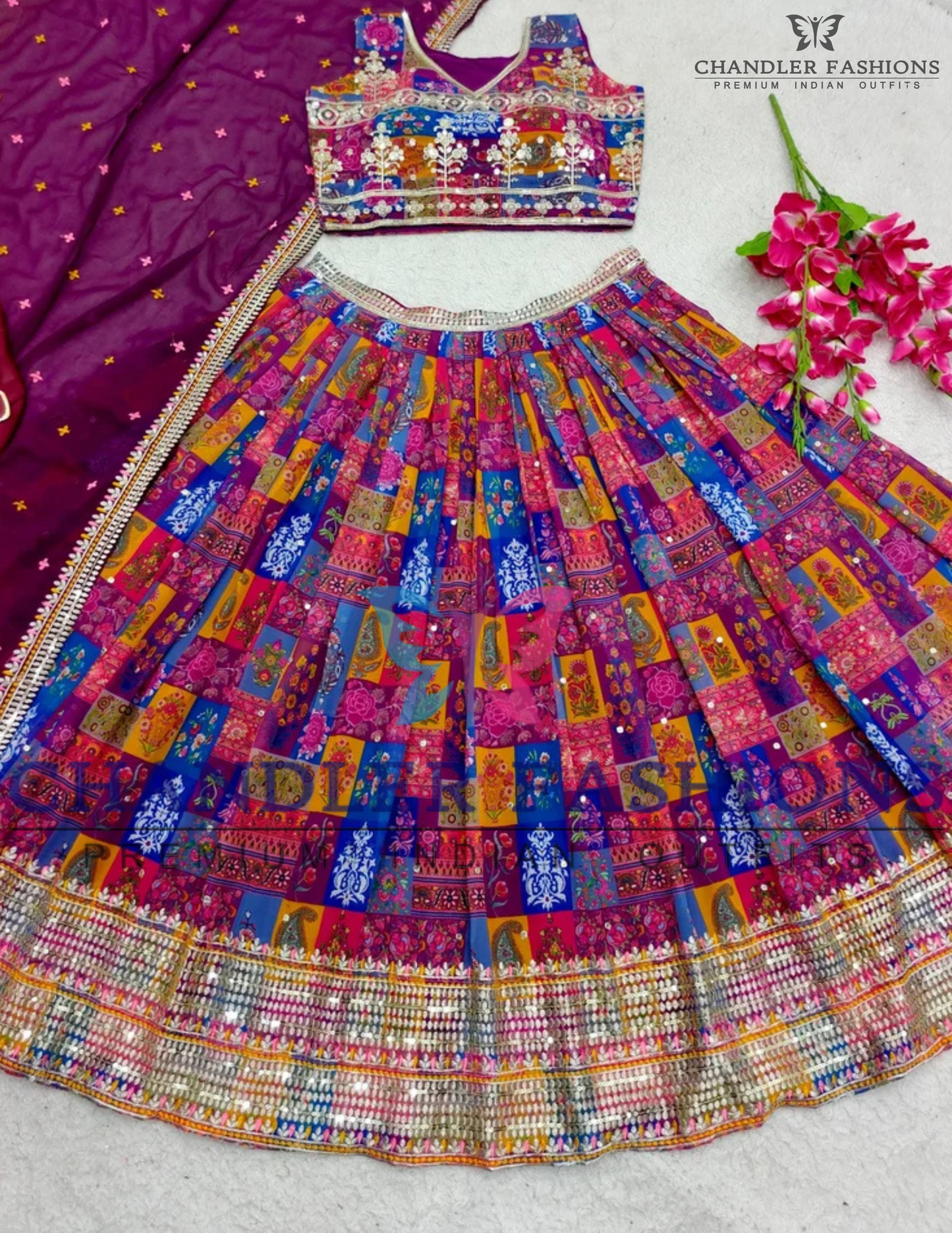 Elegant Multicolor Color Heavy Faux Georgette Lehenga in Tempe