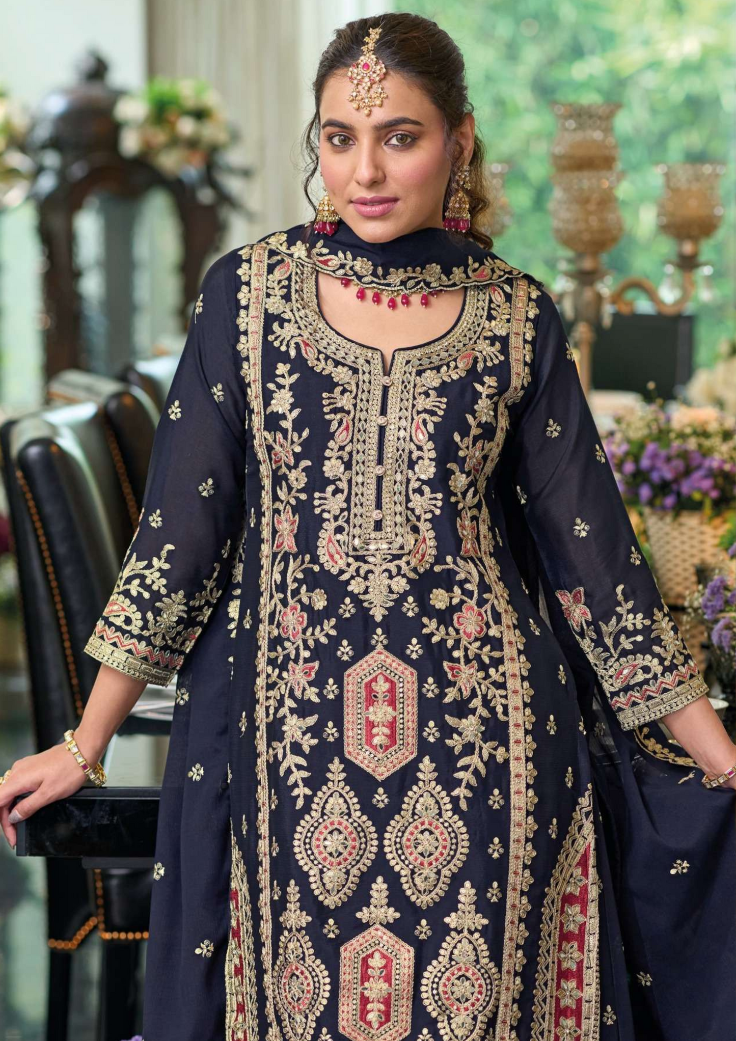 Alluring Designer Party Wear Navy Blue Colored Palazzo Suits Near Me