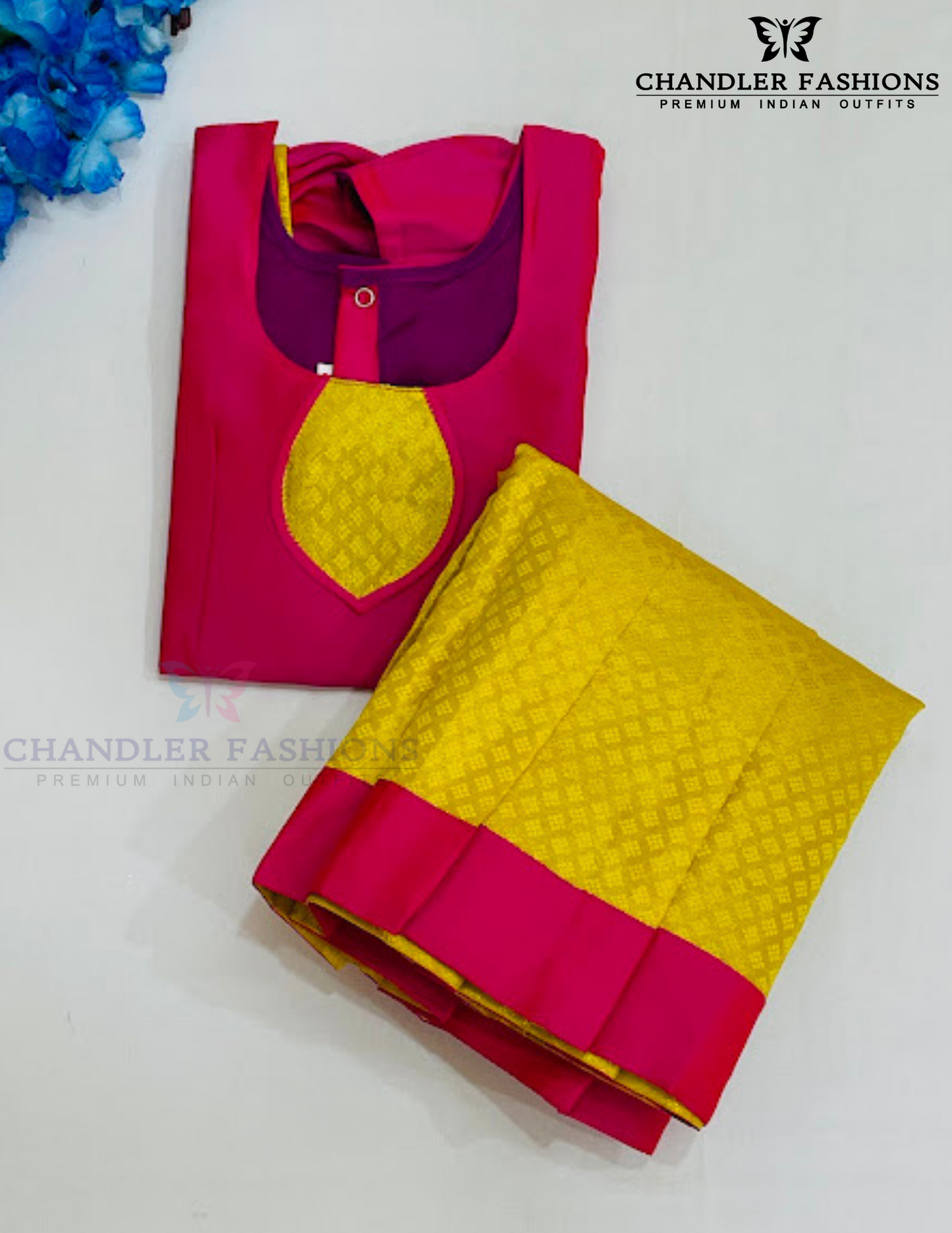 Pleasing Pink And Yellow Colored Silk Langa Sets With Stone Work Near Me