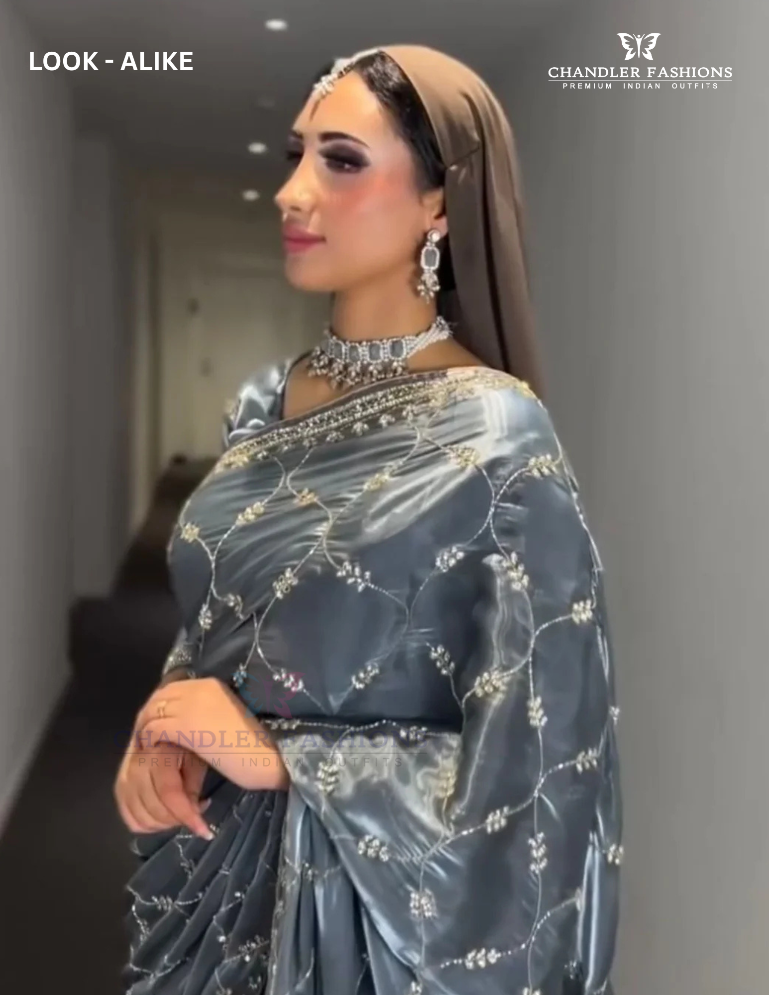 Gray Colored Organza Party Wear Sequins Saree With Embroidery And Zari Work Near Me