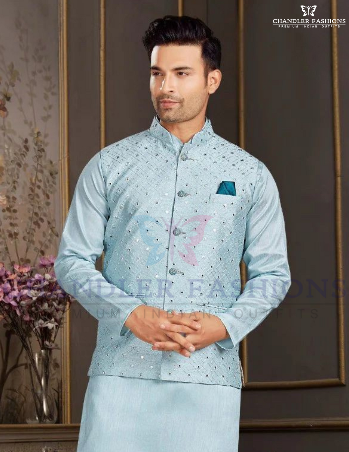 Beautiful Light Blue Color Silk Kurta With Silk Pajama And Jacket Set For Men