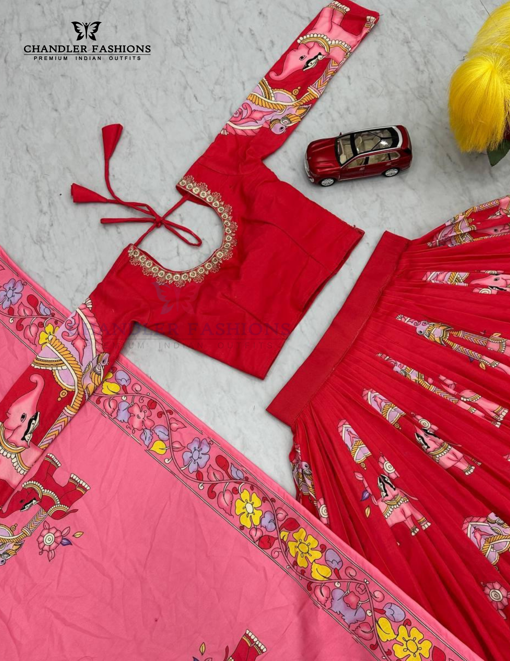 Delightful Red Color Cotton Lehenga Choli With Kalamkari Print Work In Chandler
