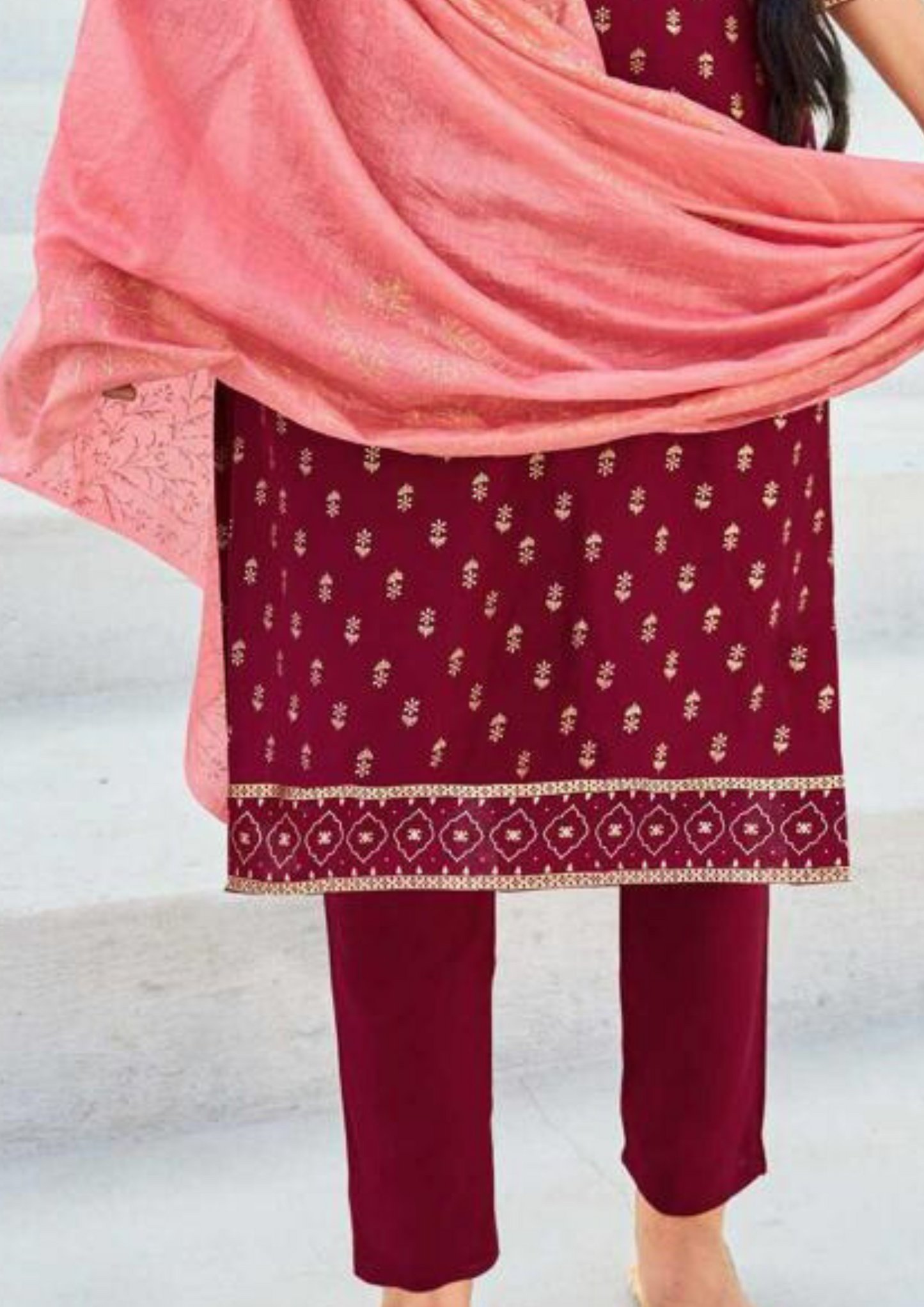 Attractive Maroon Color Rayon With Foil Print Kurti And Dupatta In Mesa