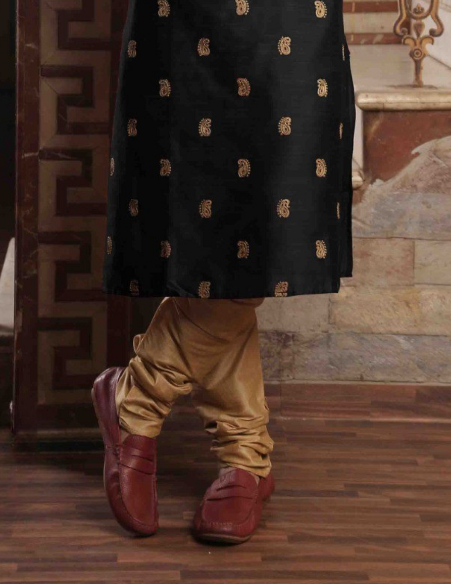 Magnificent Black With Gold Colored Embroidery Work Slub Silk In USA