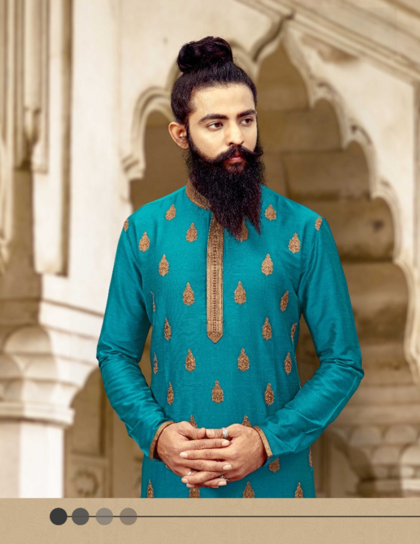 Teal Blue Color Slub Silk Work Men's Kurta Near Me