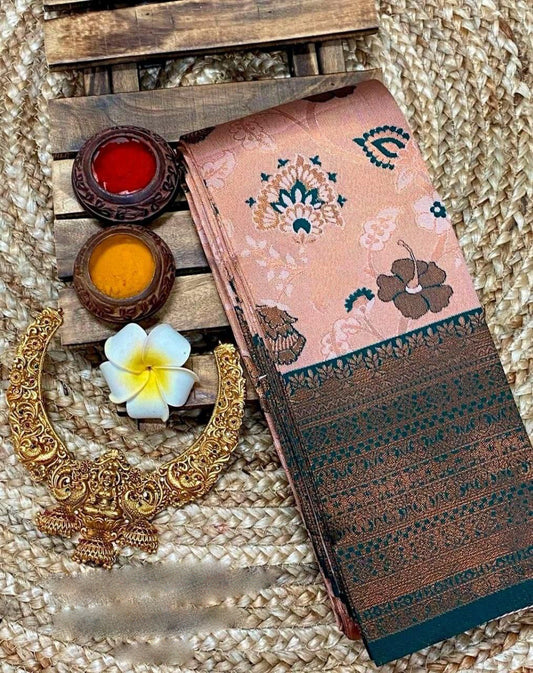 Gorgeous Peach Color Tissue Copper Zari Silk Saree And Self Design