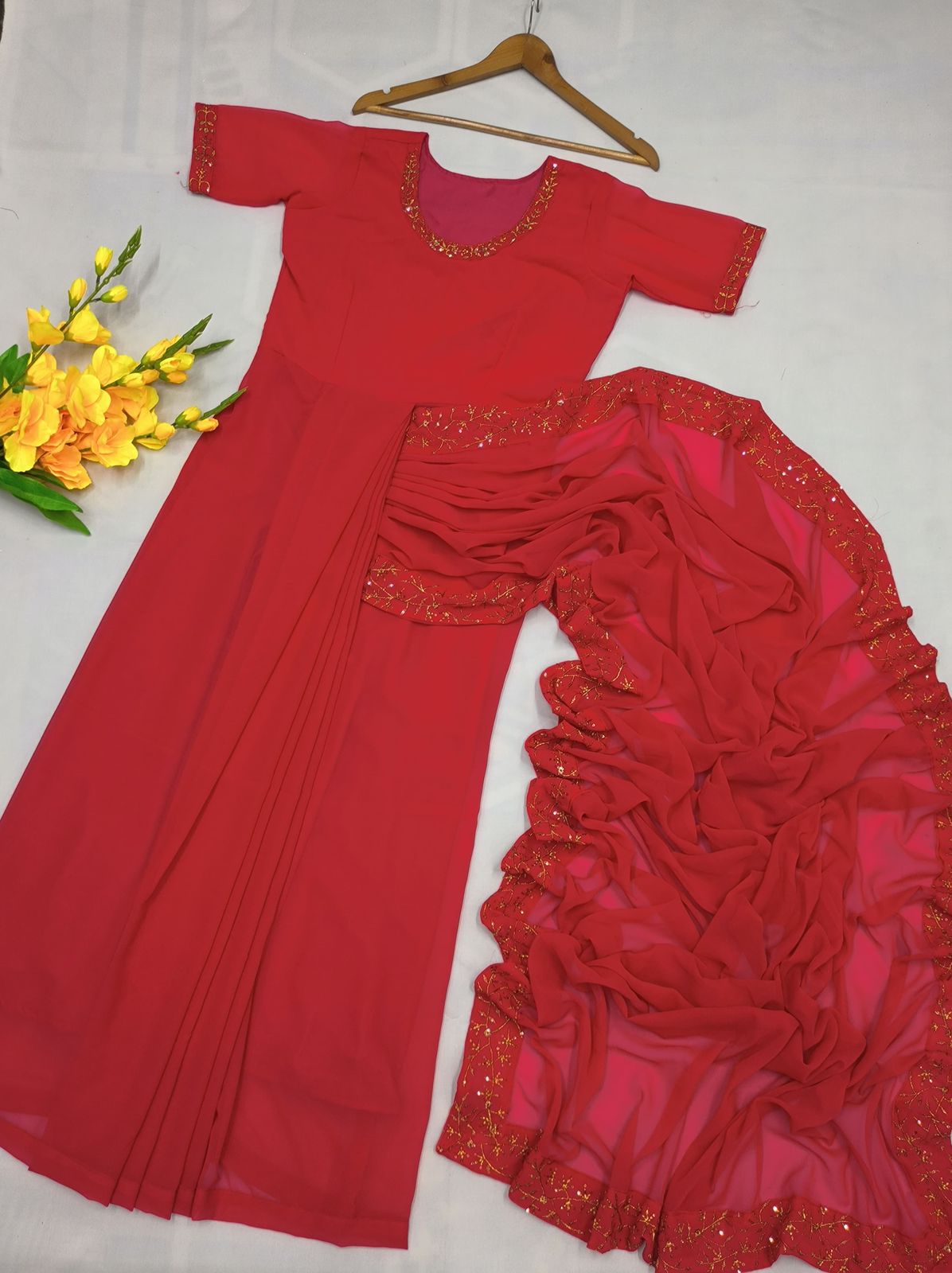 Red Color Ready To Wear Georgette Embroidery Gown Saree In Sucity
