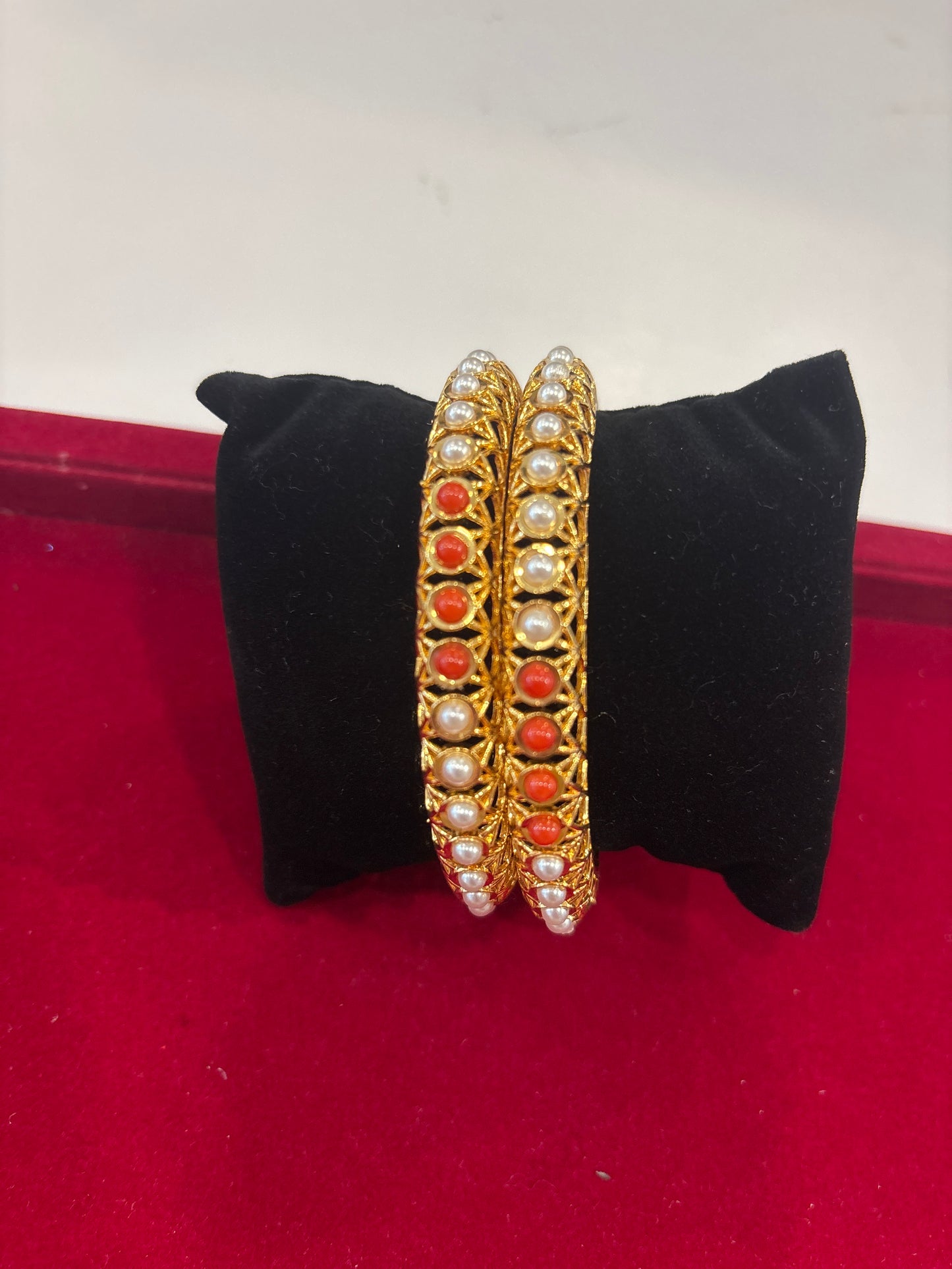 Attractive Gold Plated Pearls And Coral Bangles For Women