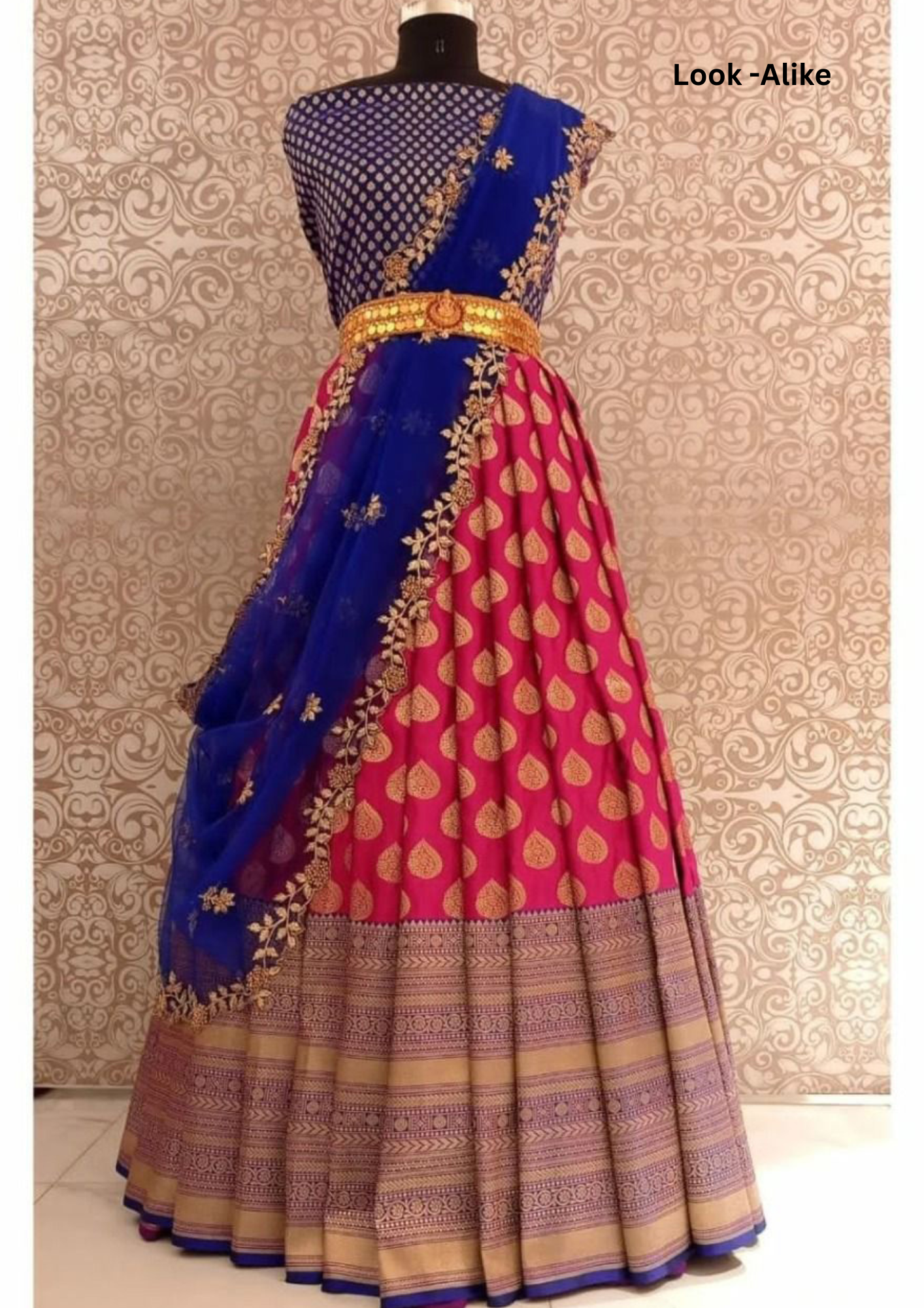 Semi Stitched Beautiful Blue And Pink Pure Silk With Zari Border Jacquard Blouse And Organza Dupatta