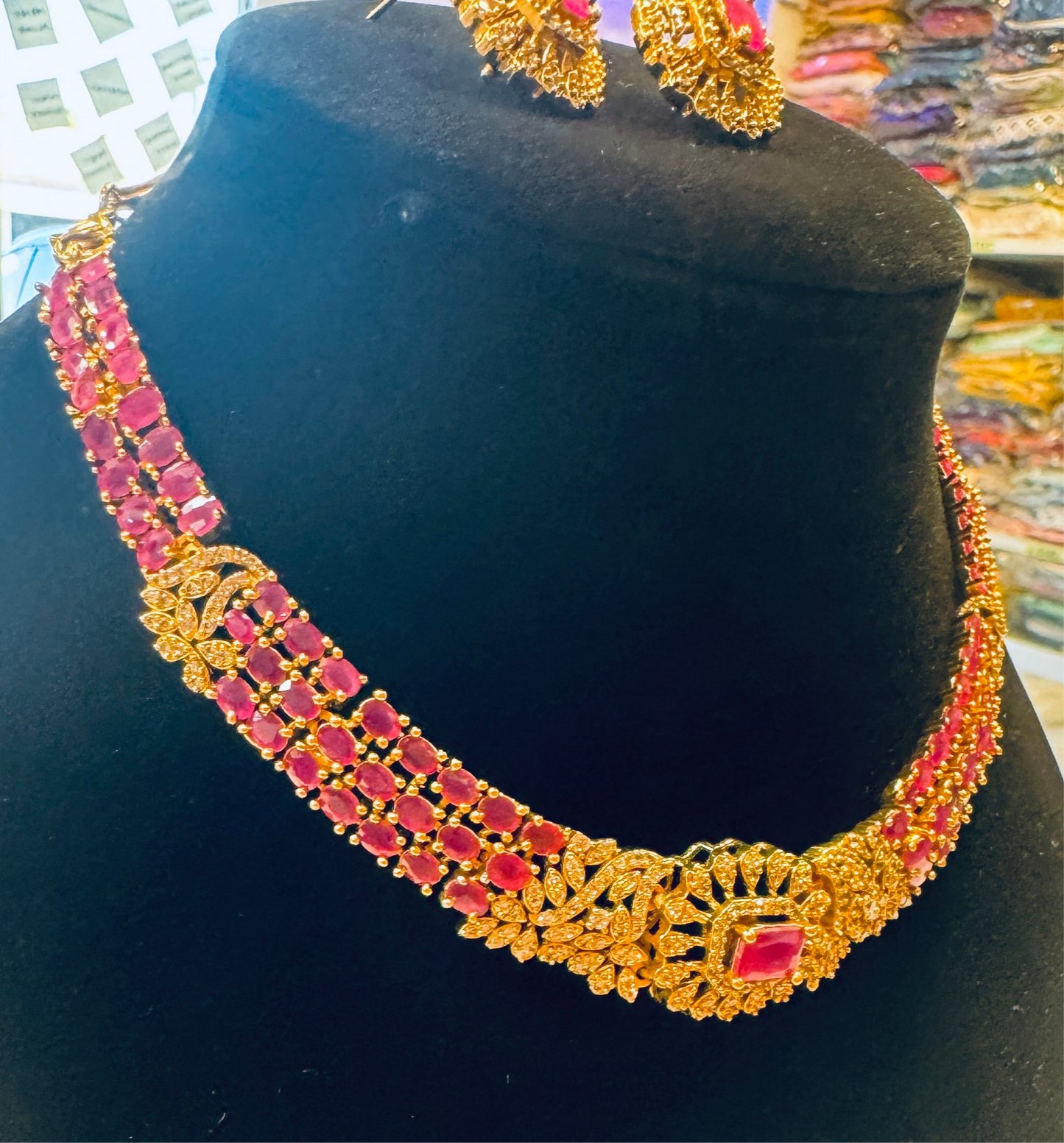Dark Pink Color Stones Jewelry Set With Choker And Earings Set In USA