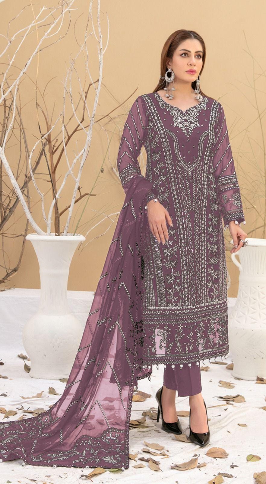 Amazing Pink Colored Faux Georgette With Heavy Embroidery Work Salwar Suits For Women