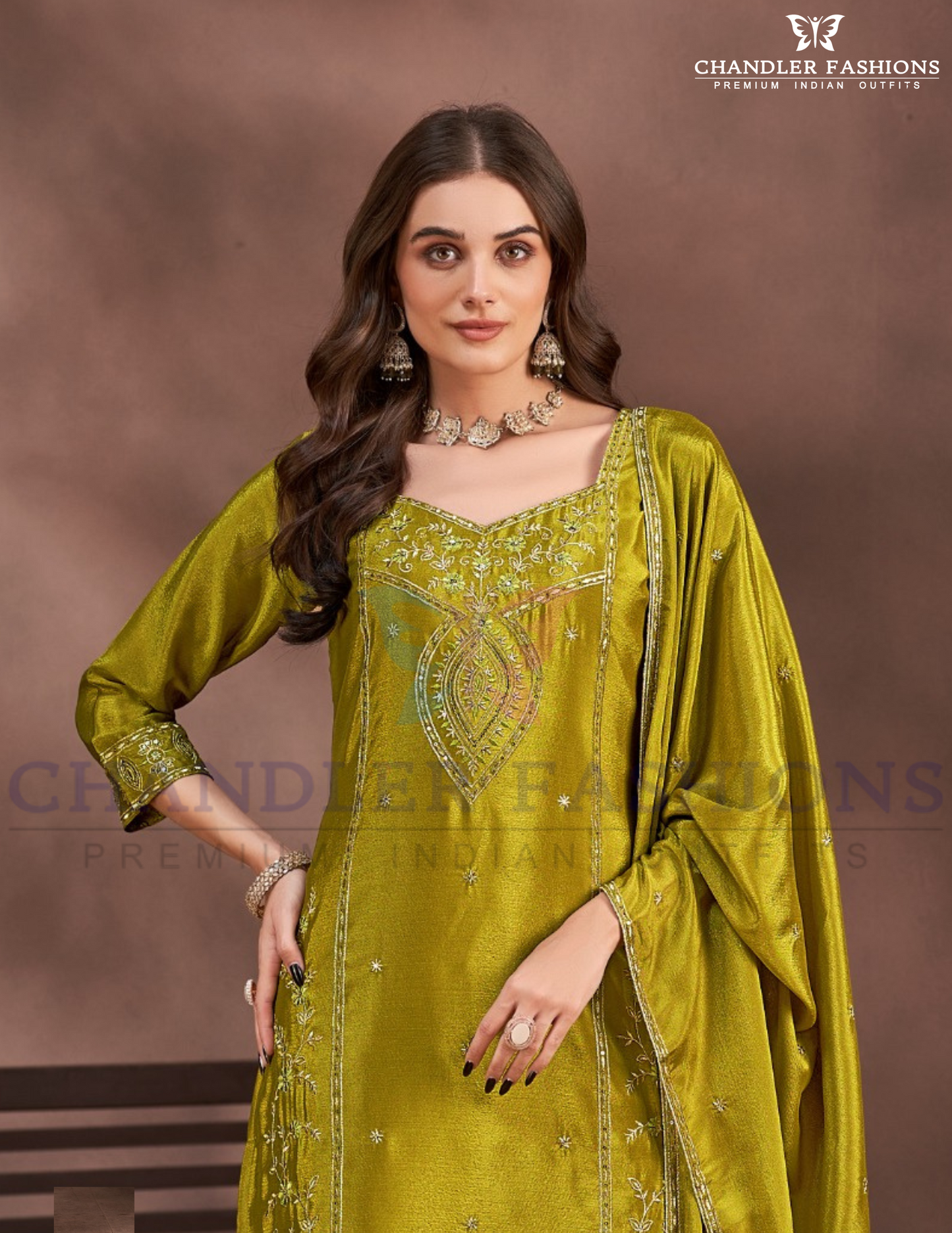 Gorgeous Mehendi Green Color Chinon Sharara Suit With Heavy Embroidery Work Near Me