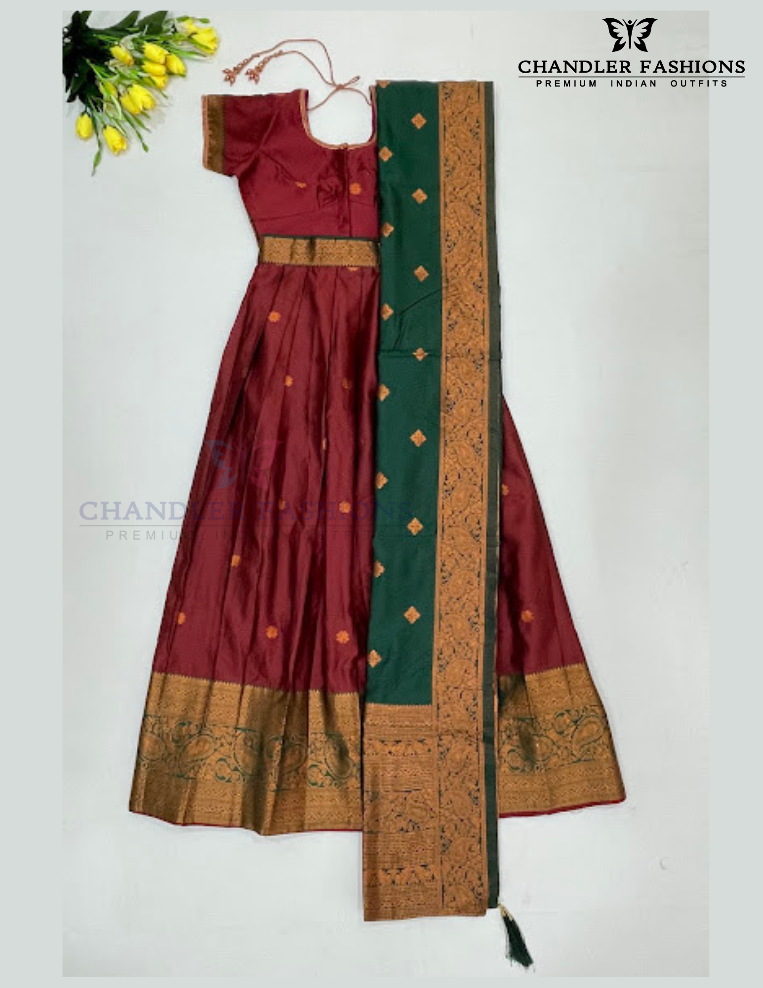 Wonderful Dark Maroon Colored Art Silk Half Saree Sets For Girls