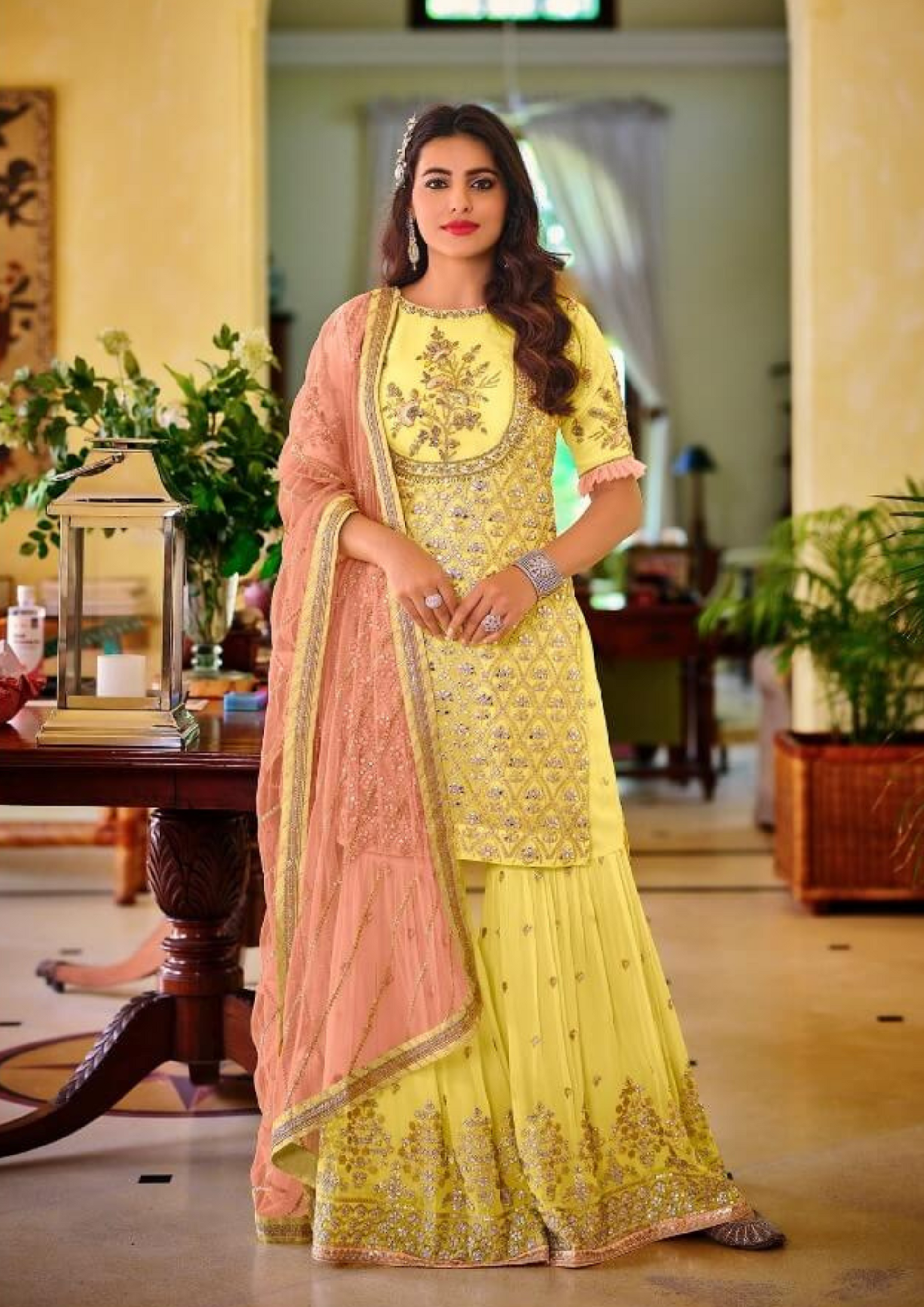 Pretty Yellow Color Fancy Embroidery Work With Faux Georgette Sharara Suits With Dupatta