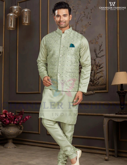 Attractive Light Green Color Silk Mastani Thread Work Kurta With Pajama And Jacket Set For Men