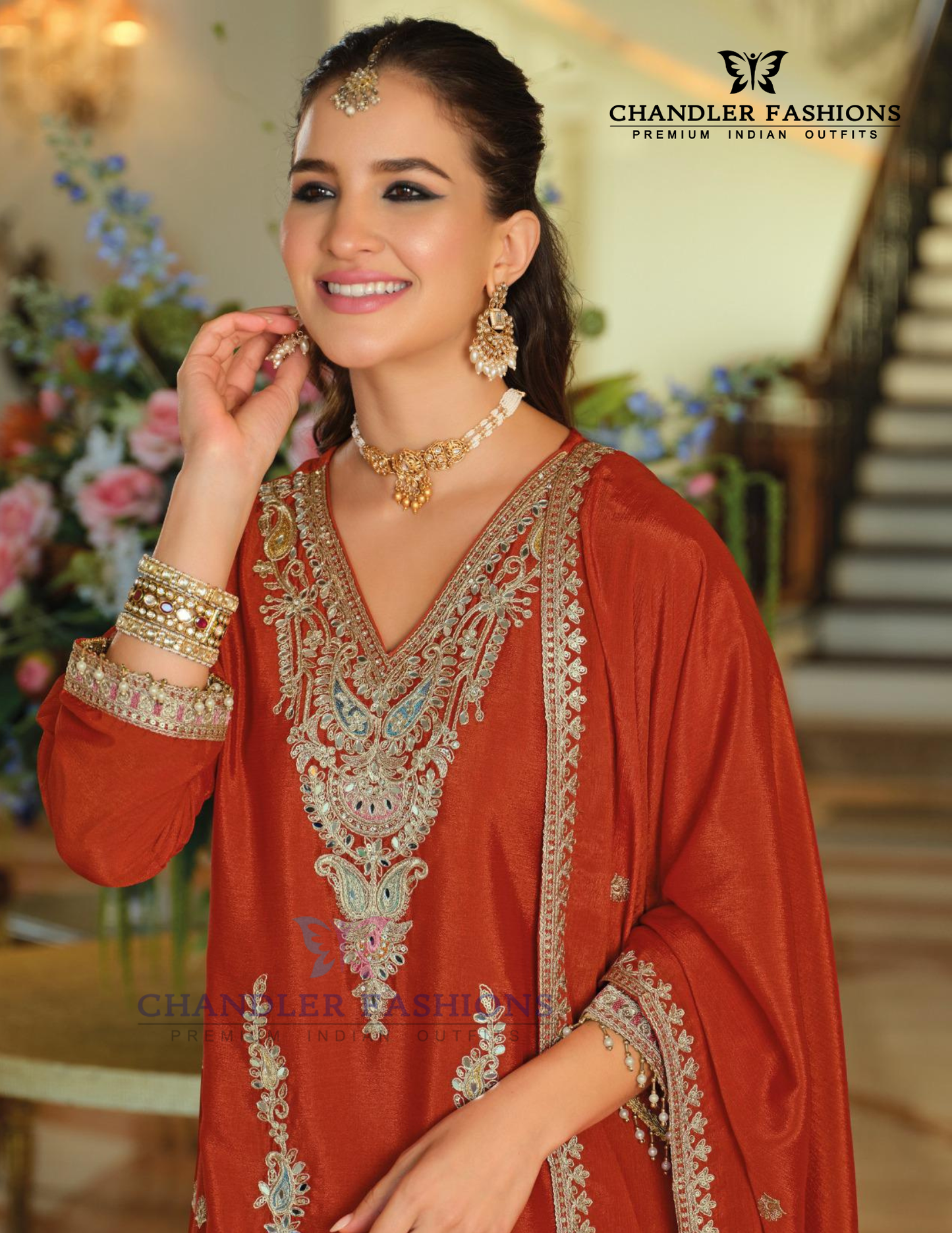 Orange Color Heavy Chinon With Embroidery Work Palazzo Suits And Dupatta In Chandler