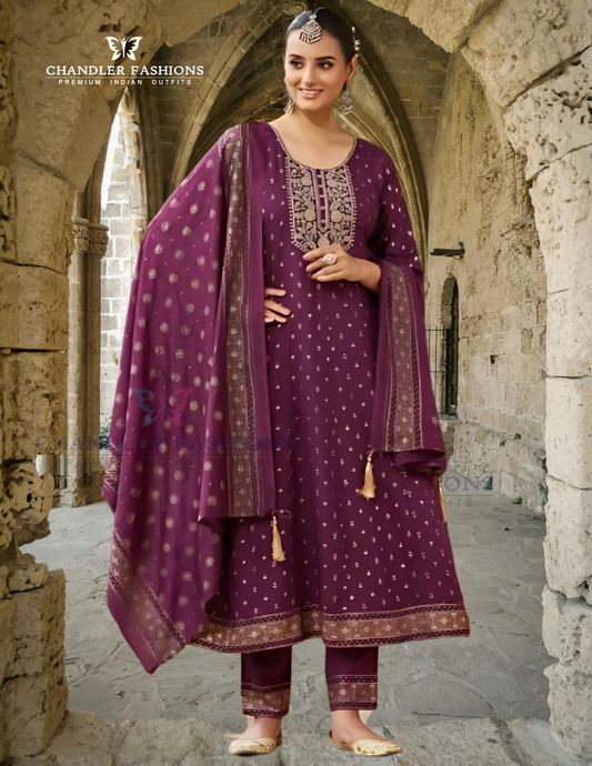 Alluring Purple Color Rayon With Embroidery Work Salwar Suits For Women