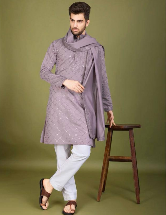 Charming Light Purple Color Thread With  Embroidery And Sequins Work Pajama Suits