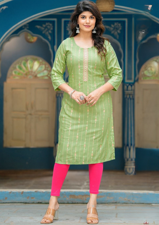 Beautiful Pista Green Color Rayon Kurti With Fancy Embroidery Work For Women