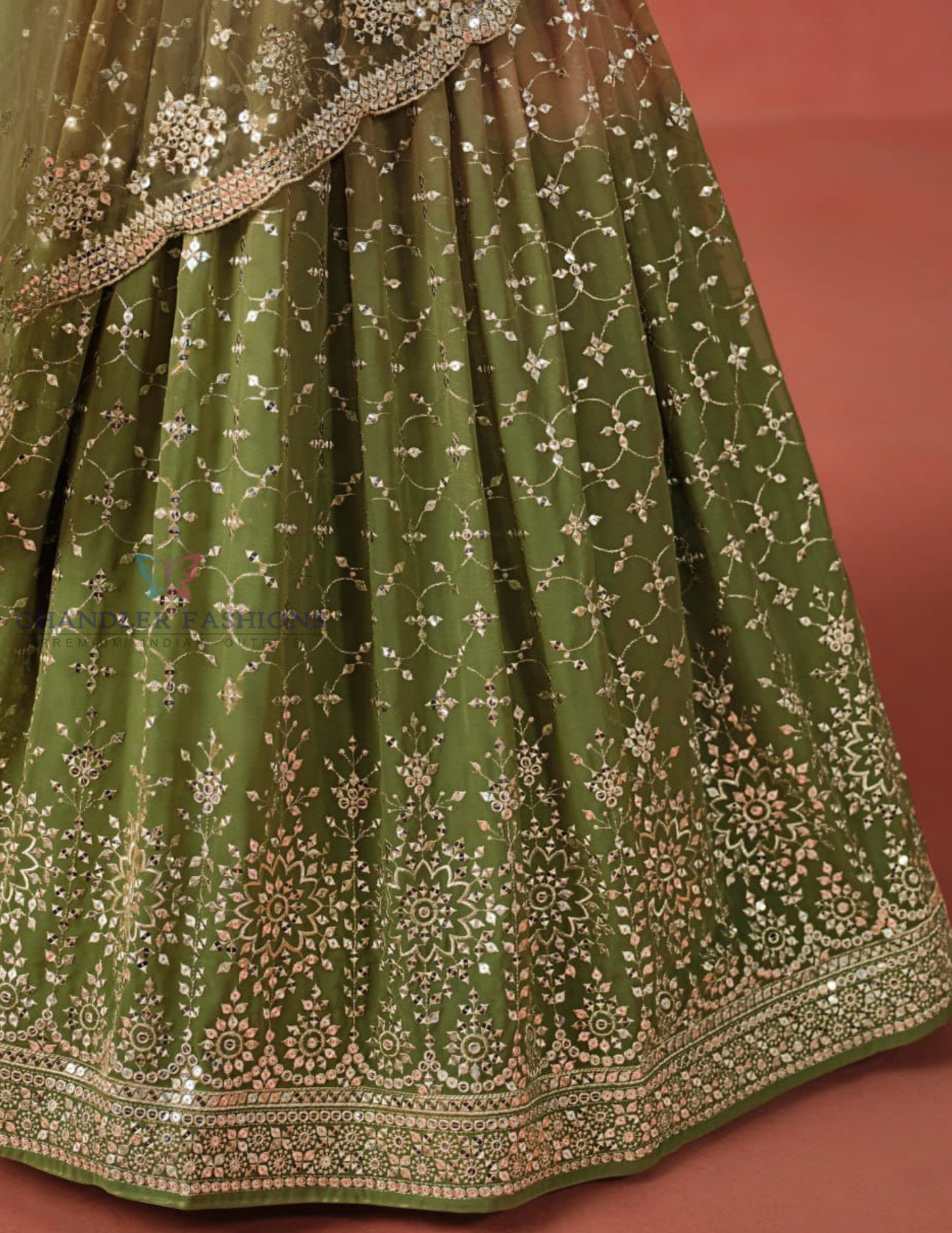 Green Color With Sequins And Zari Embroidery Lehenga In Mesa