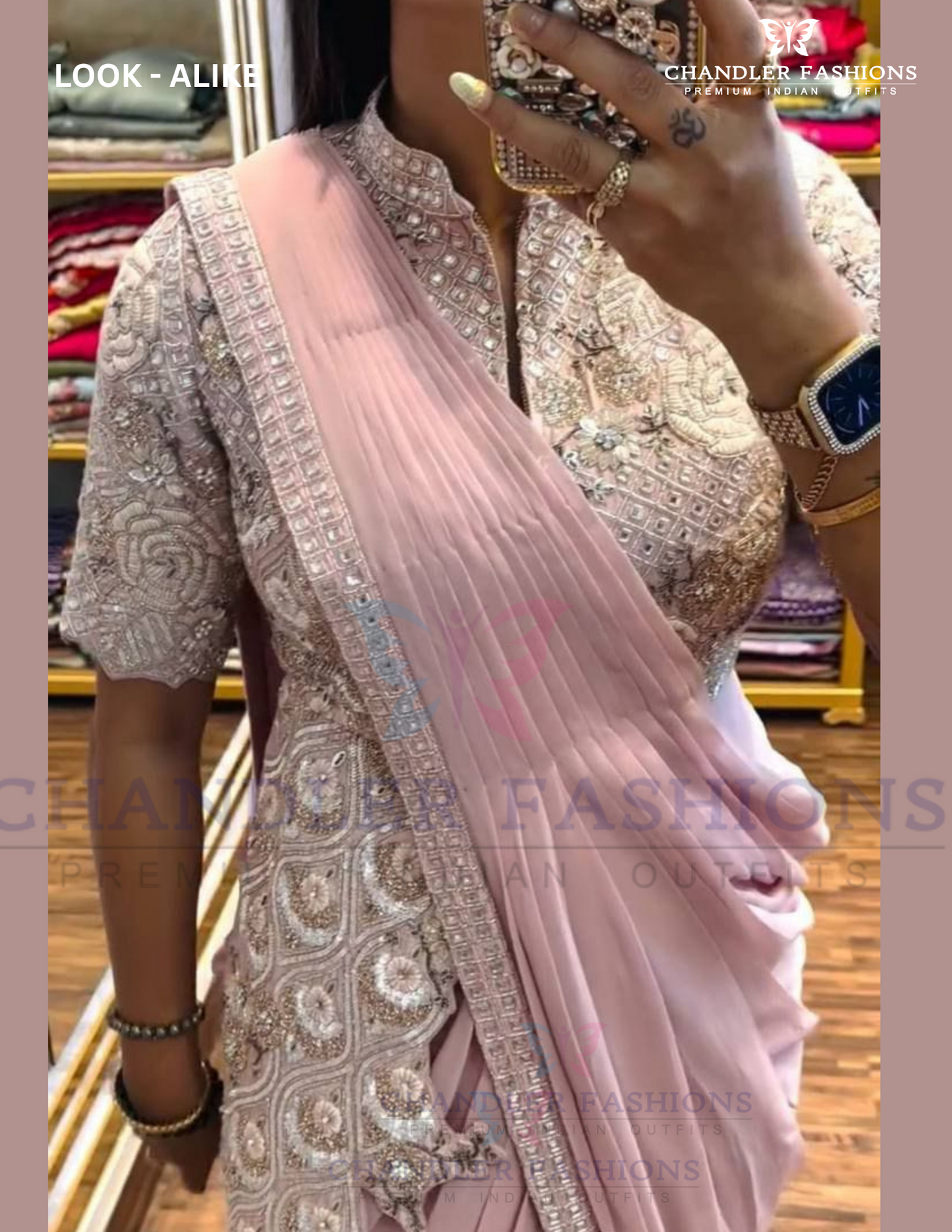 Light Pink Color Ready To Wear Chinon Embroidery Saree In USA