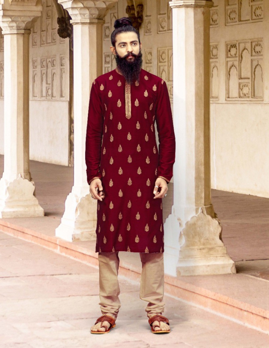 Delightful Maroon Color Slub Silk Thread Embroidery Work Men's Kurta Set