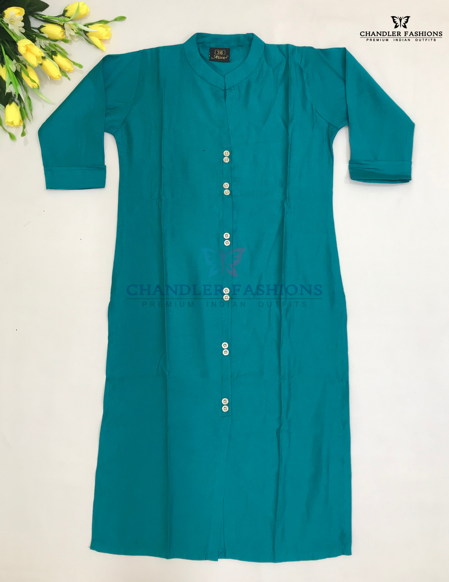 Charming Rama Green Color Self Design Cotton Kurti For Girls
